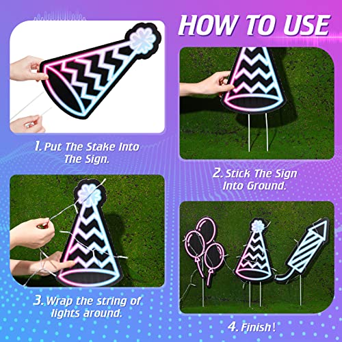 16 Pieces Happy Birthday Yard Signs With Stakes And Led String Lights, Large Neon Lawn Signs For Outdoor Birthday Decoration Party Supplies #TOP2