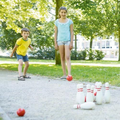 BS Toys Holz-Bowling - Kegelspiel für Kinder & Erwachsene - Für Indoor & Outdoor - Ab 4 Jahren - Gesellschaftsspiele - ideal für Kindergeburtstag - Hochwertiges Holz - Rot/Weißes Set