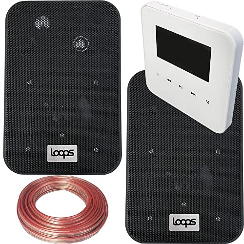 Loops 100W Speaker System - Bluetooth In-Wall Mounted Amplifier - 2x 70W 4 Black Wall/Bookshelf Speaker Kit - Wireless Music Streaming Amp