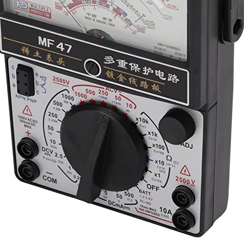 عن قرب view of the Walfront MF47 Analog Multimeter's dial and gear knob, showing various measurement ranges and settings.