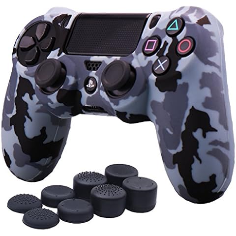 YoRHa Water Transfer Printing Camouflage Silicone Cover Skin Case for Sony PS4/slim/Pro Dualshock 4 Controller x 1(snow) With Pro thumb grips x 8 Cover
