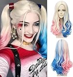 Harley Quinn Peluca larga para mujer, disfraz de villano, disfraz de Quinn, rubio, azul y rosa, para carnaval, Halloween, carnaval, fiestas