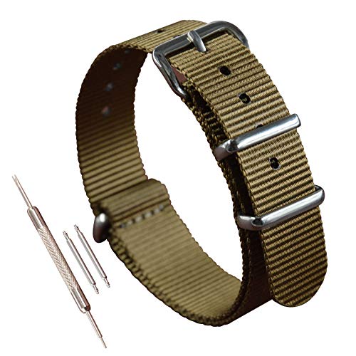 MZBUTIQ 19mm Khaki Nylon Watch Strap One Piece Watch Band Replacement Polished Buckle