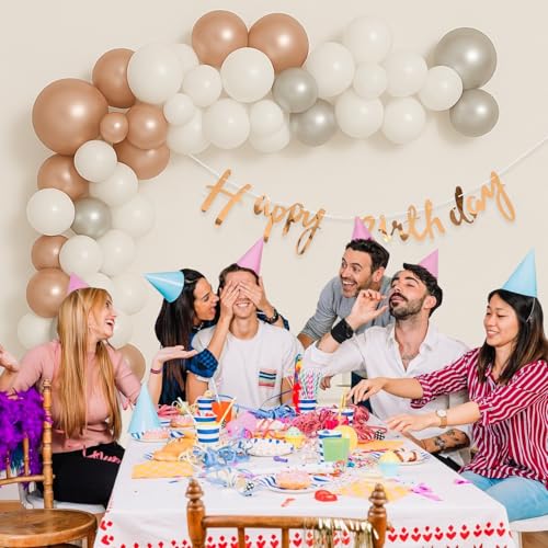 Image of Rose Gold, Silver & White Balloon Garland Kit - Happy Birthday Decoration Set for Women, Girls, Adults - Metallic Latex Balloons, Banner & Birthday for Party Decorations Pack of 46 Pcs