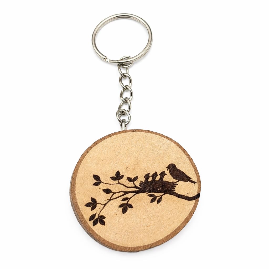 Promotech Bird's Nest Wooden Keyring – Handmade, Laser-Engraved Natural Wood, Unique Accessory for Keys, Bags & Backpacks