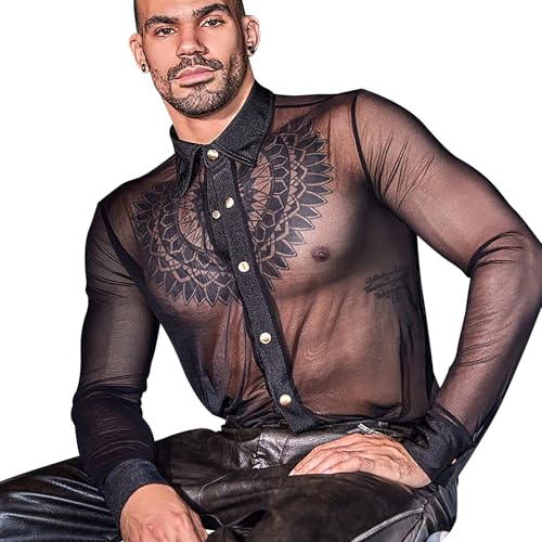 Men's Sheer Turn Down Shirt Sexy Mesh See Through Black Long Sleeve Muscle Tops Casual Nightclub Party Underwear3