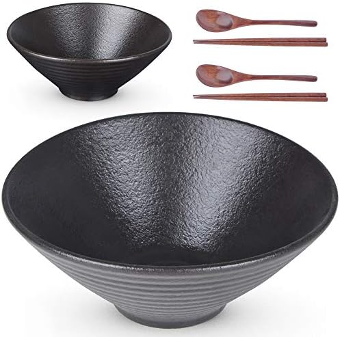 Lareina Ceramic Japanese Ramen Bowls, 2 Sets (6 Piece) 60 Ounce, Large Noodle Soup Bowl with Matching Chopsticks and Spoons for Asian Pho Udon Soba, Matting Black