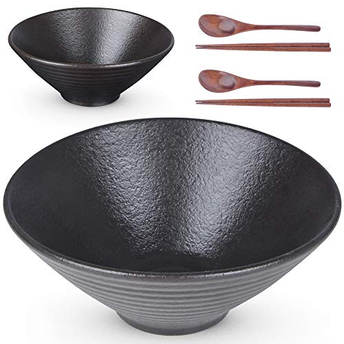Lareina Ceramic Japanese Ramen Bowls, 2 Sets (6 Piece) 60 Ounce, Large Noodle Soup Bowl With Matching Chopsticks And Spoons For Asian Pho Udon Soba, Matting Black #TOP13
