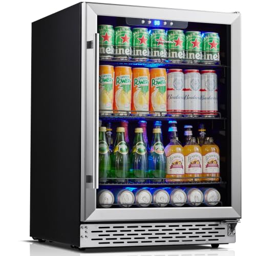 Image of Phiestina 24 inch Beverage Cooler Refrigerator, 175 Cans Freestanding /Built in Dual Zone Beverage Fridge Glass Door for Home Kitchen
