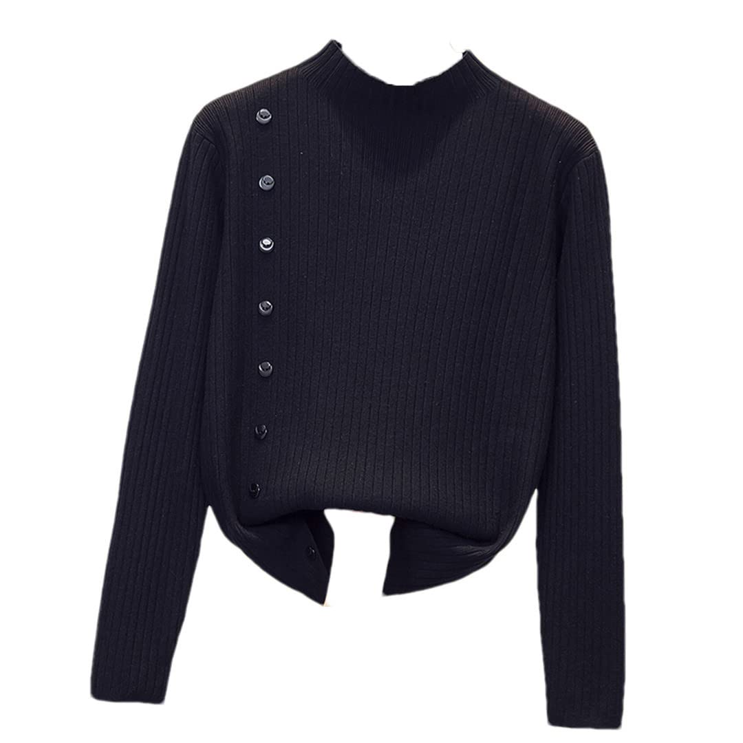 Pull en tricot pour femme - Pull à boutons - Printemps et automne - Chaud - Col roulé - Pull décontracté, Noir , M