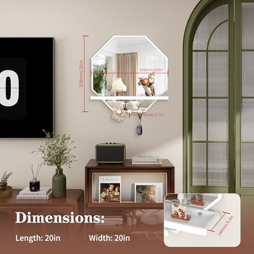 Image of BEAUTME 20x20 inch Octagon Wall Mirrors with Shelf and Hooks, Metal Framed Octagon Mirror for Entryway, Modern Farmhouse Decor Wall Mounted Mirror for Living Room Bedroom Entryway (White)