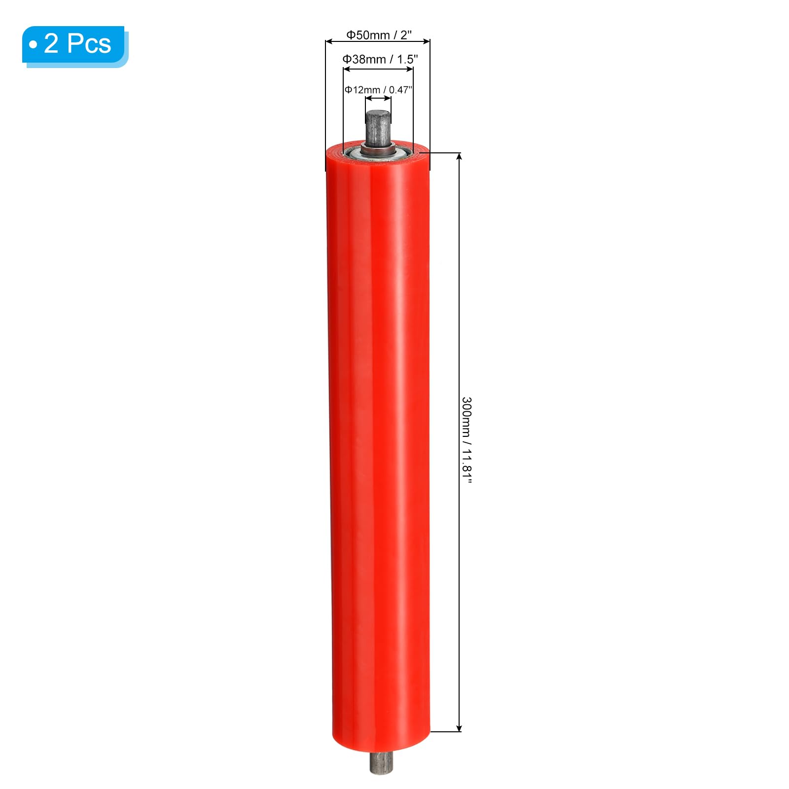 PATIKIL Transportador Poliuretano Recubierto Rodillo 2" Diámetro 11" Longitud, 2 Paquete Inoxidable Acero Transmisión Reemplazo Pieza Galvanizado Extremo, Rojo