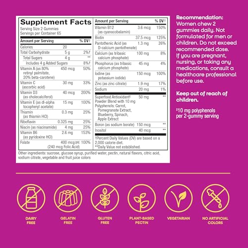 Nature's Way Alive! Women’s Multivitamin Gummy, Daily Chewable Multivitamins for Women, Vitamins A, C, D3, E, B-Vitamins, Supports Immune, Heart, & Muscle Function*, Mixed Berry Flavored, 130 Gummies