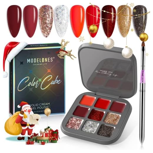 Modelones Gel Nail Polish Set, 9 Colors Red Gold Solid Gel Polish Glitter Black Pudding Gel Upgraded Crème Manicure Palette Soak Off LED Nail Art Kit Salon DIY Girls Mother's Day Gift W/Pro Nail Brush