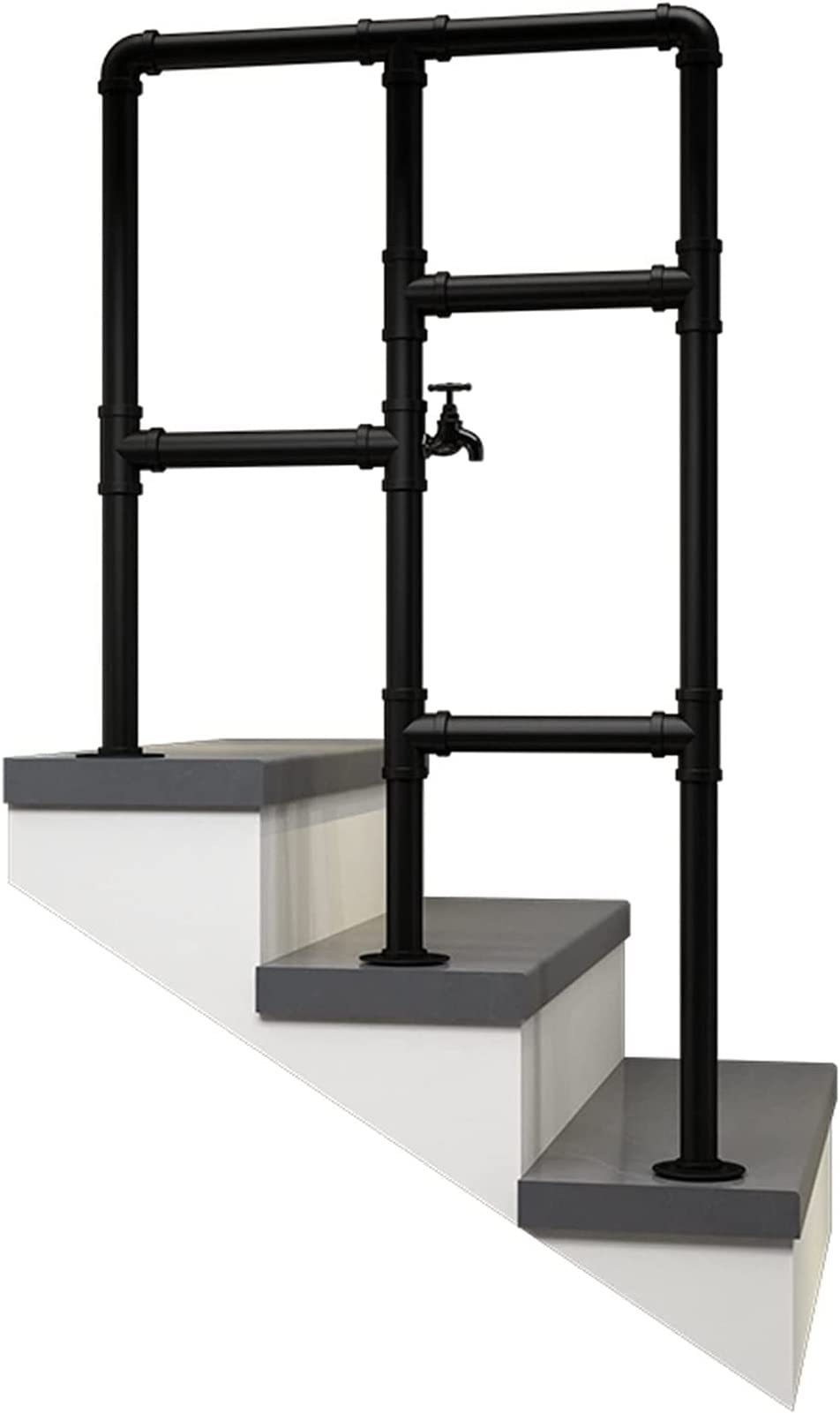 Meiiron Staircase Handrails, Indoor Outdoor Stair Handrails for Concrete Steps, Fits for 3 Steps Transitional Wrought Iron Stair Railing with Fence, Matte Black Industrial Water Driver Design