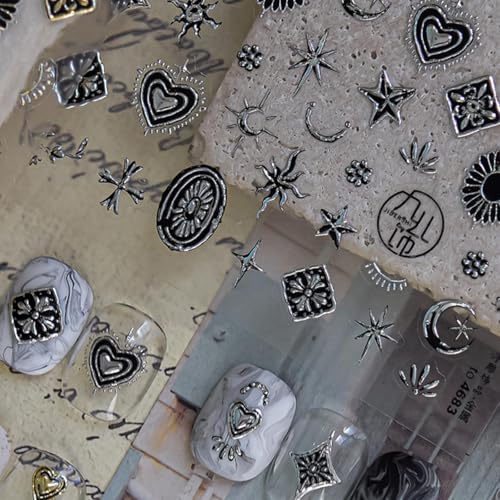Image of Silver Nail Stickers Star Moon Nail Art Decals with Metal Design Figure Nail Art Stickers 5D Embossed Self Adhesive Nails Charms for Women Girls Kid Manicure DIY Supply Decoration