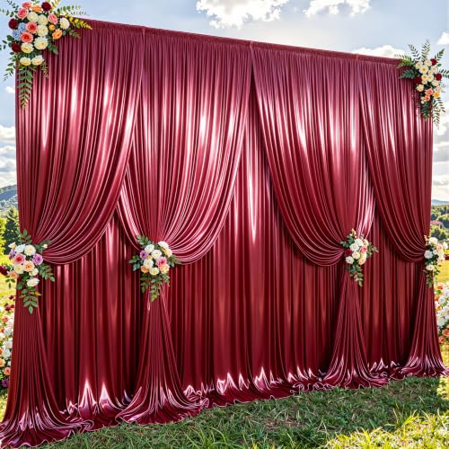 40x10ft Burgundy Glitter Backdrop Curtain for Parties, Wrinkle Free Satin Photo Backdrop Drapes 8 Panels 5x10FT Shimmer Back Drop Cloth for Wedding Birthday Baby Shower Photography Background Decor