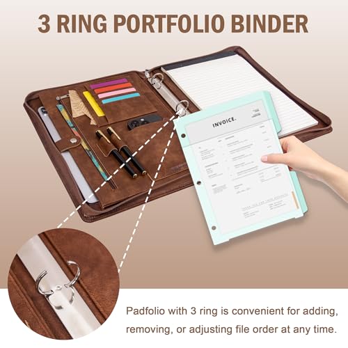 Calfinder 3 Ring Portfolio Binder with Zipper,Leather Padfolio for Men&Women,Business Portfolio Organizer with Tablet/Documents Holder,Leather Padfolio Binder for Interview/Office,Valentine's Day Gift by Calfinder - Image 7