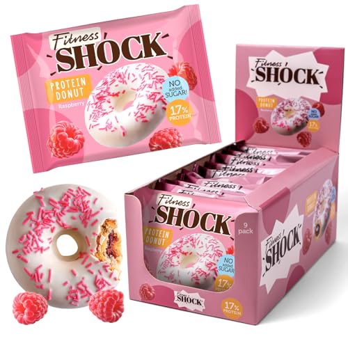 FitnesSHOCK Protein Donut Kekse-Biskuit mit Streuseln, 12g/17% Eiweiß ohne Zuckerzusatz ballaststoffreicher Snack mit Himbeerefüllung Palmölfrei - Himbeere Geschmack 9x70g