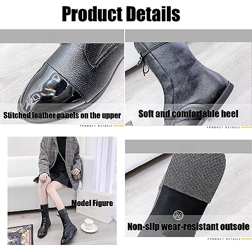 Women's Round Toe Lace up Mid Calf Flat Boots,Fashion Hand Stitching Non Slip Wearable Square Heel Low Heel Leather Shoes Casual Winter Snow Boots Pointed Boots2