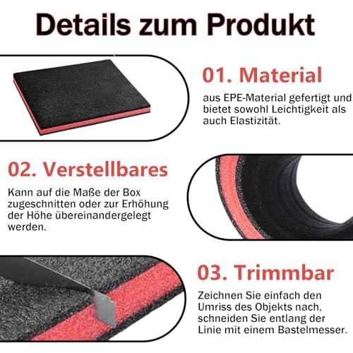 CAAGGMM Werkzeugkisten Schaumstoff, 4 Stück 40 x 30 x 2,5 cm Schaumstoff Zuschnitt, Schaumstoffplatte, HartSchaumstoffe, für Werkzeugaufbewahrung, Anpassung, Schwarzrot