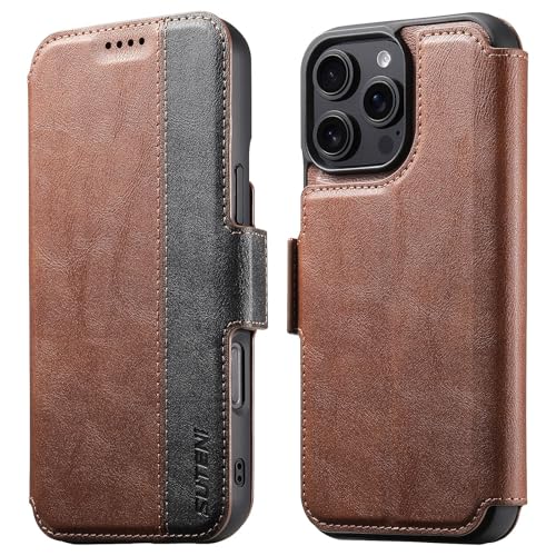 Étui iPhone 14 Pro Max marron en cuir de luxe à rabat magnétique chic
