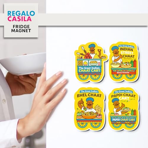 Image of Regalo Casila Indian Street Food Fridge Magnet 4 Pc Set Chaat Cart Bhel Papdi Indian Street Chaat Tourism Souvenir Decorative Refrigerator Magnets Food Lover Gift Collectible India