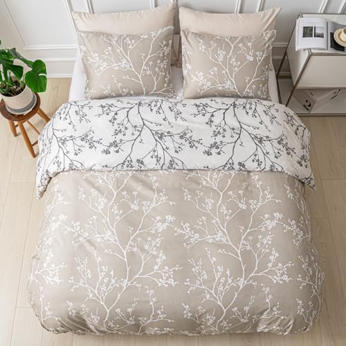 Image of Lekesky King Size Duvet Cover Set, Reversible Duvet Cover King with Branch Pattern, Lightweight Soft Microfiber Comforter Cover, 3 Pieces Khaki Bedding Set with Zipper and 2 Pillowcases