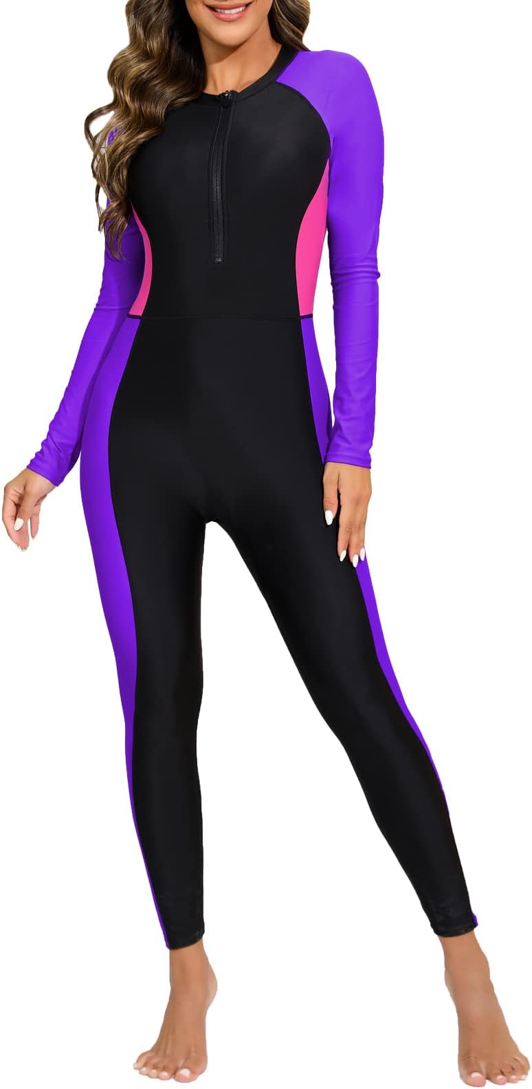 Womens Full Body Rash Guard with Built in Bra Long Sleeve One Piece Swimsuit Upf50+ Zip Front Bathing Suit