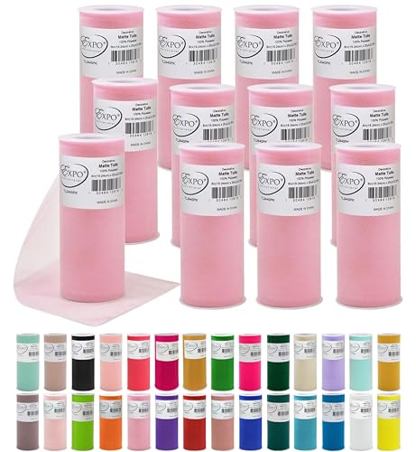 Expo International Decorative Matte Tulle, Lightweight Polyester Tulle Fabric for Tutus, Costumes, and Party Decorations, Washable, Easy-to-Use, 6 Inch x 25 Yards (Pack of 12), Pink