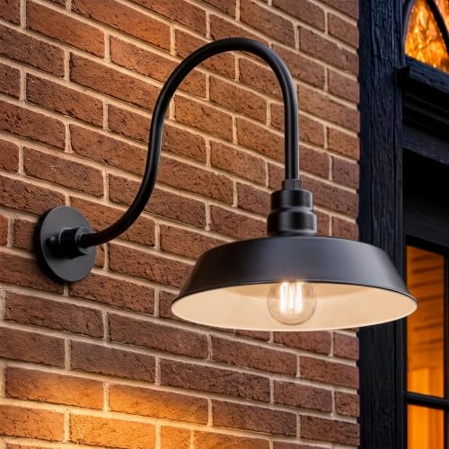 Image of 14in. Satin Black Outdoor Gooseneck Barn Light Fixture With 24in. Long Extension Arm - Wall Sconce Farmhouse, Vintage, Antique Style - UL Listed - 9W 900lm A19 LED Bulb (5000K Cool White)