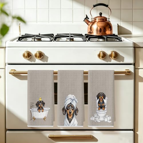 Image of 3 Pcs Funny Dachshund Hand Towel for Bathroom 24x14 Inch, Dachshund Gifts Reusable Dish Cloth Towel, Waffle Weave Hand Towels for Toilet Home Bathroom Decor, Weiner Dog Gifts for Women Mom Friend