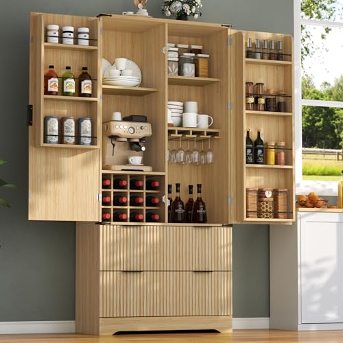 Loomie 71" Tall Kitchen Pantry Cabinet, Modern Fluted Storage Cabinet w/2 Drawers, 5 Adjustable Shelves & 7 Door Shelves