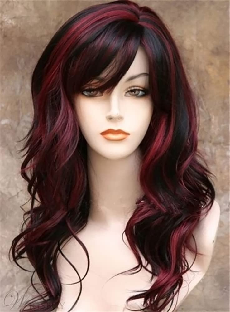 PORSMEER Long Curly Wavy Wigs for Women Girls for Cosplay Party Halloween Fancy Dress Costume Heat Resistant Synthetic Hair Black and Red Wig with Fringe