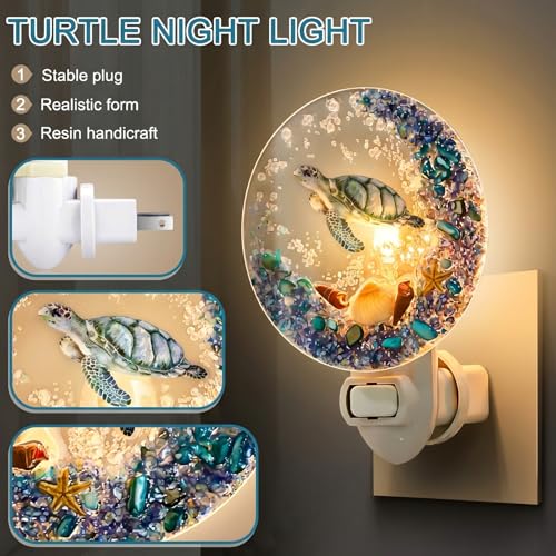 Image of Hortsun Plug in Seashell Night Light Ocean Sea Animal Decorative Night Light Plug in Beach Lamps Vintage Ocean Lamps for Adult for Home Bedroom Living Room Bathroom Wall (Sea Turtle)