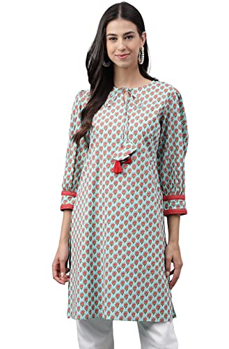 Image of Janasya Women's Light Green Cotton Floral Printed Regular Tunic