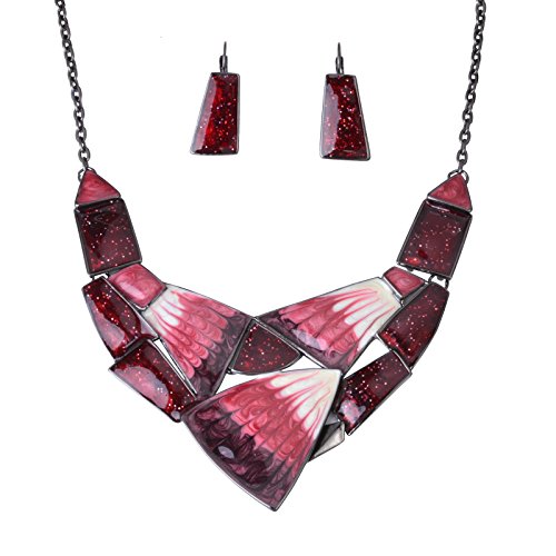 Fenni Irregular Enamel Triangle Shape Collar Bib Statement Necklace Earrings Set Women Bridal Jewelry (Hot Pink)