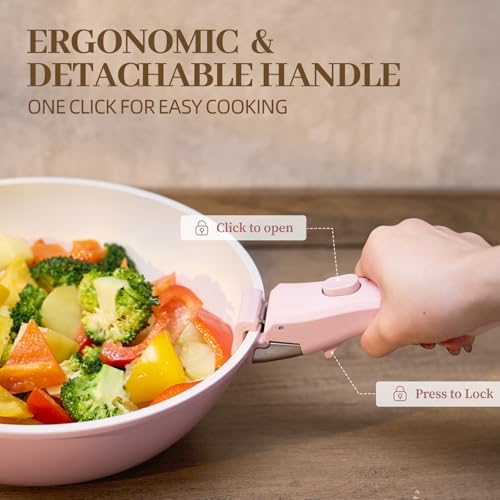 Image of Ceramic Cookware Set Non Stick 23Pcs Pots and Pans Set Non Toxic with Detachable Handle Induction Kitchen Cookware Set Space Saving, Oven & Dishwasher Safe, Pink