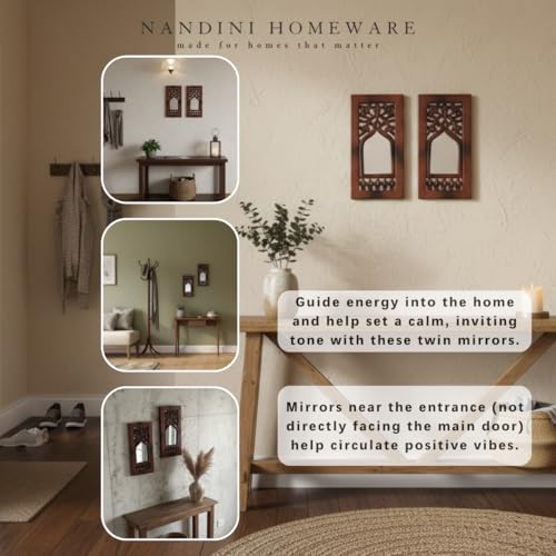 Image of Handcrafted Traditional MDF Wooden Floral Mirror Jharokha Wall Art | Boho Vintage Style Decorative Wall Hanging Set of 2 | for Living Room & Home Interiors (Brown Floral Set of 2)