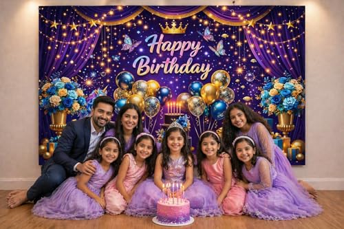 Image of Royal Purple Birthday Backdrop Cloth 5x3 ft - Crown Theme Fabric Banner with Balloons, Cake & Gift Design, Reusable Decoration for Party & Photoshoot