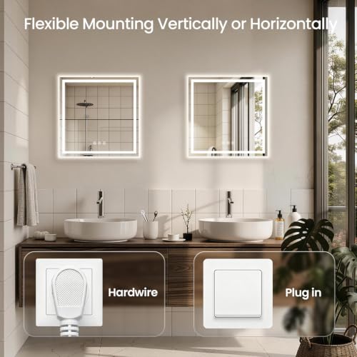 Image of 24x24 LED Bathroom Mirror with Anti-Fog, Backlit & Front Lit, Memory | Stepless Dimmable 3 Color CRI 95+ Shatterproof Tempered Glass ETL Listed for Safety Lighted Bathroom Vanity Mirror for Wall