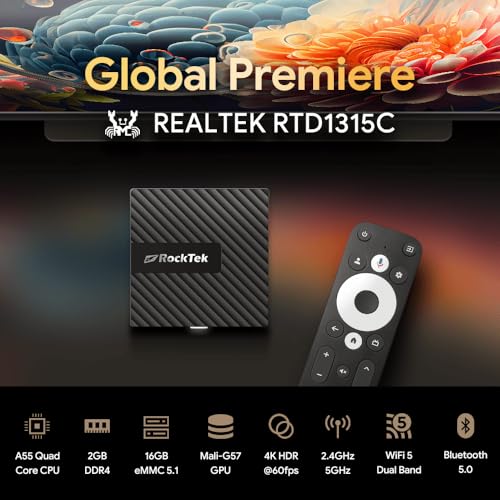Image of RockTek GB1 Android TV Box Realtek RTD 1315C Quad-core ARM Cortex-A55 CPU, Mali-G57 GPU, 2GB RAM, 16GB eMMC, Bluetooth Remote Control, Wi-Fi 5, BT 5.0, HDMI 2.1, 4Kx2K@60fps, Android TV 12 OS