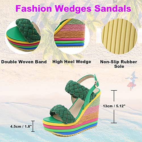 Tscoyuki Double Woven Band Wedge Sandals For Women, Cute Colorful Espadrilles Platform High Heel Sandals Ankle Strap Open Toe Slingback Summer Shoes #TOP1
