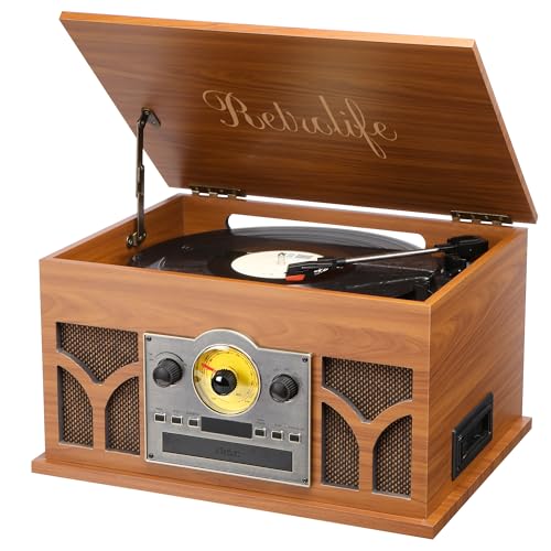 10-in-1 Record Player with Built-in Speakers Wireless Playback, CD & Cassette Player, USB Player,...