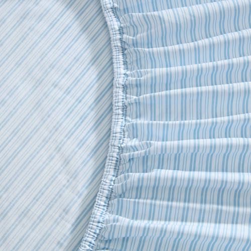 Image of Laura Ashley - Full Size Sheet Set, Crisp & Lightweight Cotton Percale Bedding with Fitted Sheet and Pillowcases, Striped Room Decor, Deep Pocket, College Dorm Room Essentials (Bedford Skinny Blue)