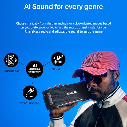 Image of LG XBOOM Bounce Wireless Portable Bluetooth Speaker, Upward Dual Passive Radiators, AI Sound, AI Lighting, 30Hrs Playtime, Bass Boost, IP67 Water & Dustproof, Built in Power Bank, Carrying Strap