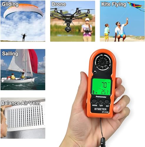 BTMETER Anemometer Handheld Wind Speed Meter, BT-816B Mini Digital Air Flow Meter with LCD Backlight/Wind Chill & Temp, Max/Avg/Current Mode to Measure Air Flow Velocity for Sailing Drone Golf HVAC