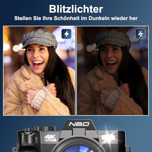 NBD 4K Digitalkamera 48MP mit Autofokus & 16X Zoom, 4K/60fps Video, 3 180° Drehdisplay, WiFi – inkl. Premium-Lederhülle + Stylishes Lederarmband, 32GB Karte + 2 Akkus(Tiefschwarz)