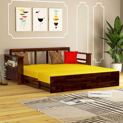 Image of Mamta Furniture Solid Wood Foster 3 Seater Sofa Cum Bed with 40 Density Cushions for Living Room, Three Seater Queen Size Sofa Bed for Home, Sofa Com Bed, Sheesham Wood Brown Finish