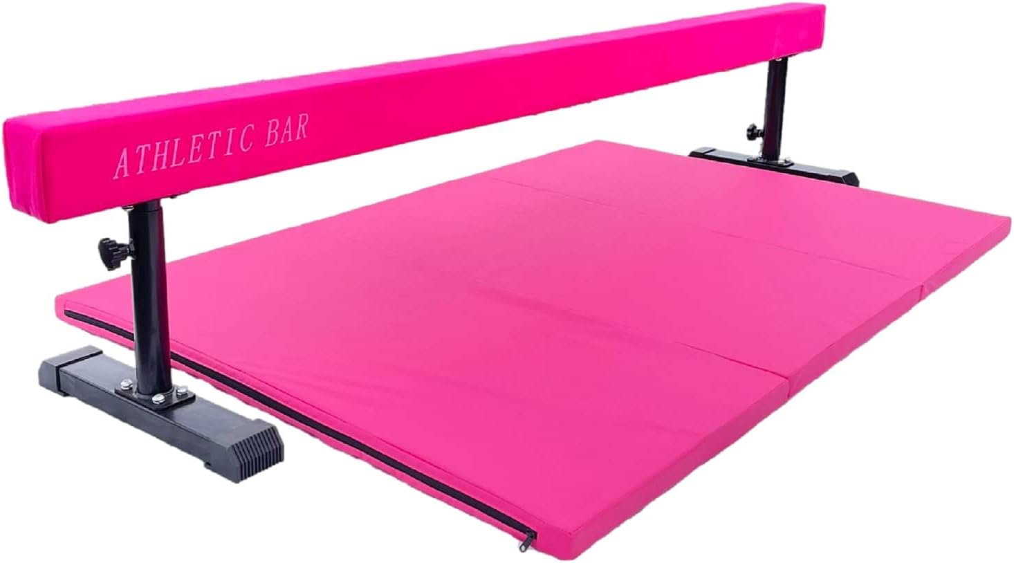 8FT Adj Acrobatic Tube Beam + 6FT x 4FT Gymnastics Tumble Mat for Kids and Adults, High and Low Level Suede Balance Beam Gymnastics Competition Training Beam Expandable Legs, Pink